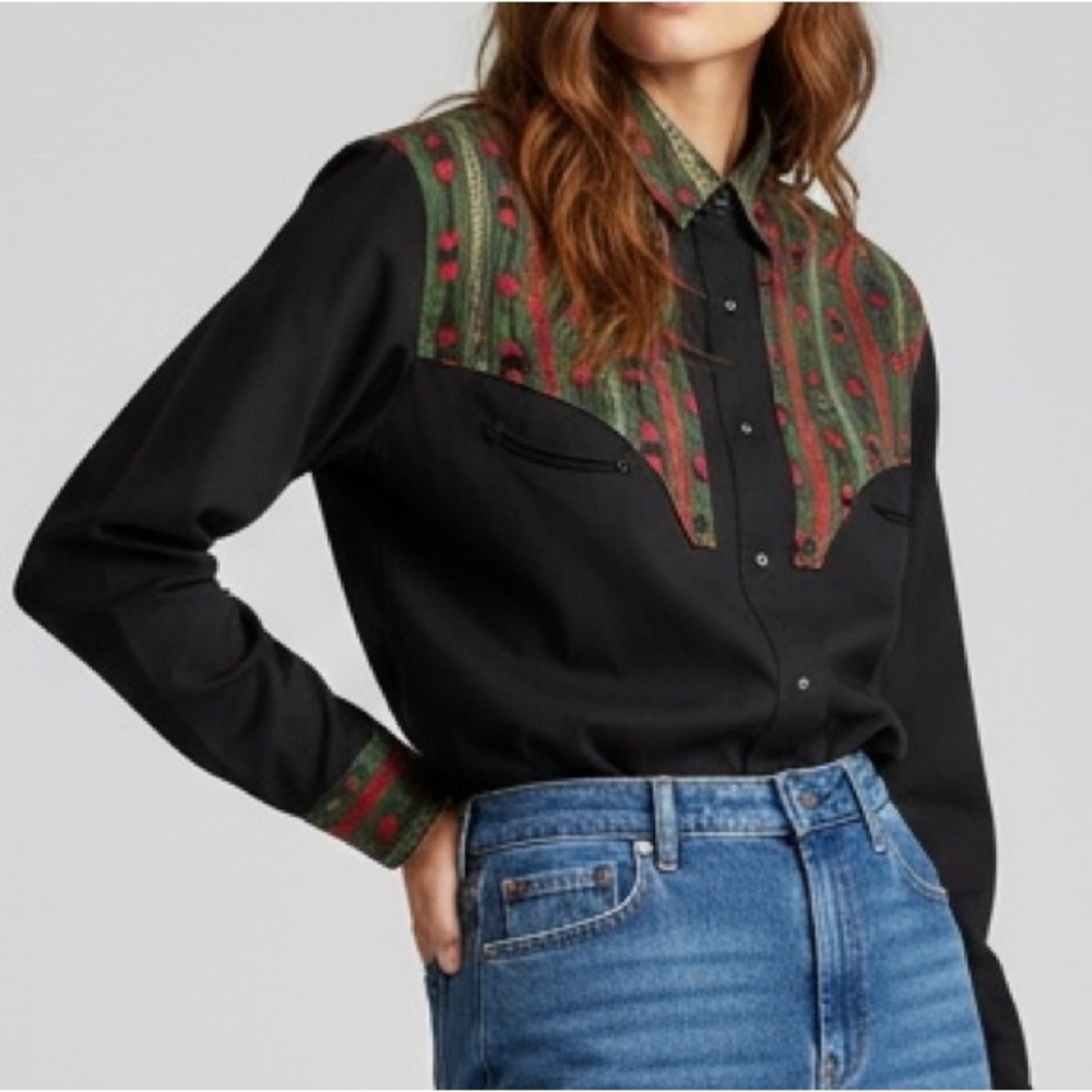 Adobe Rose Vintage 90s Rodeo Western Southwest Button Up Shirt Black Green Red